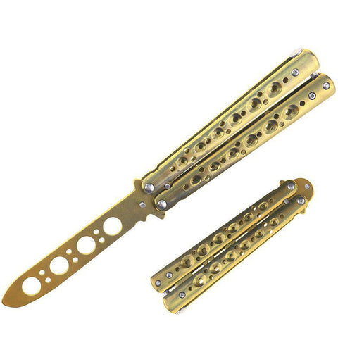 8.5" Stainless Steel Butterfly Folding Practice Trainer Knife Tool – Gold Color