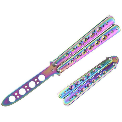 8.5" Stainless Steel Butterfly Trainer Folding Practice Knife Tool – Rainbow Color