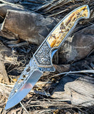 8.25" Spring Assisted Folding Pocket Knife Metal Belt Clip Fantasy Engraved