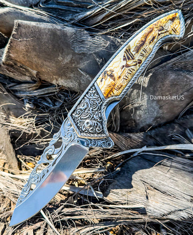 8.25" Spring Assisted Folding Pocket Knife Metal Belt Clip Fantasy Engraved