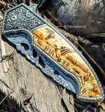 8.25" Spring Assisted Folding Pocket Knife Metal Belt Clip Fantasy Engraved
