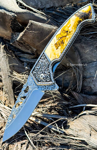 8.25" Wolf Spring Assisted Folding Pocket Knife Metal Belt Clip Engraved