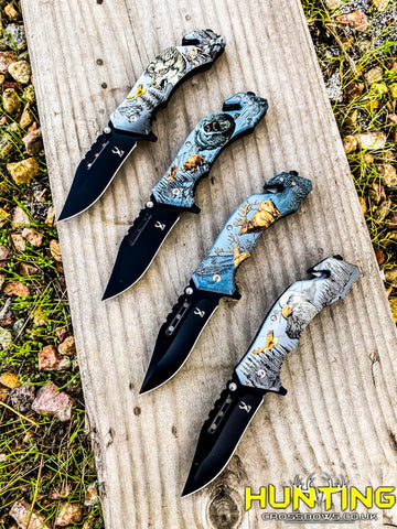 8" Folding Knife Spring Assisted Wolf Bear Buck and Eagle Printing Pocket Knife