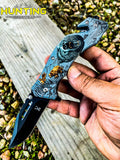 8" Folding Knife Spring Assisted Wolf Bear Buck and Eagle Printing Pocket Knife