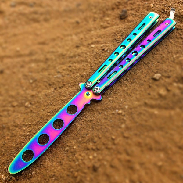 Metal Colorful Rainbow Practice Butterfly Knife Safty Classical Practice Knife C