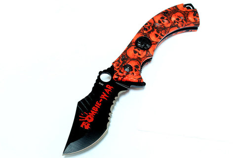 8" Red Zombie-War Spring Assisted Knife Skull Head Blade with Belt Clip