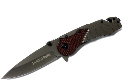 High Quality 8" Hunt-Down Grey and Wood Color Folding Spring Assisted Knife