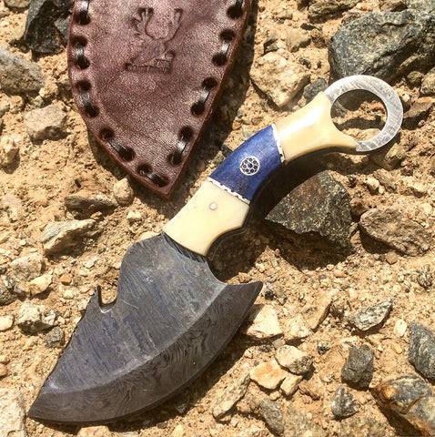 TheBoneEdge 7" White & Blue Handle Damascus Blade Hunting Survival Tactical Knife