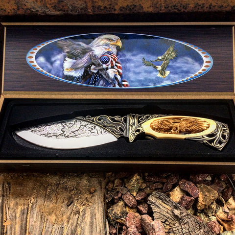 TheBoneEdge 10" Eagle Pattern Handle & Blade Hunting Knife With Gift Box