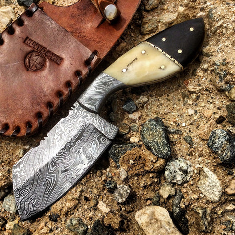 Hunt-Down 9" Damascus Blade Horn Handle Hunting Knife With Leather Sheath