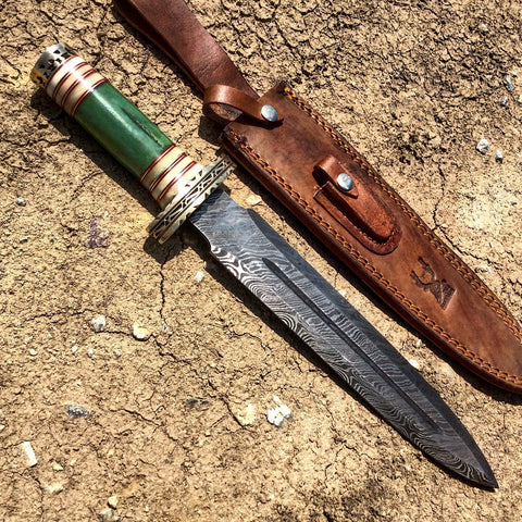 TheBoneEdge 15" Damascus Blade Fantasy Handle Hunting Knife with Leather Sheath