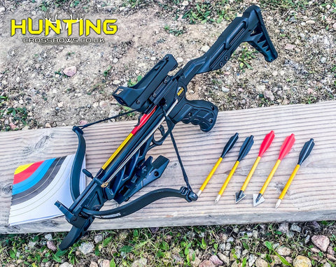 80lbs Self Cocking Aligator Crossbow 225+ FPS + Red Dot + Broad Heads Arrows bow