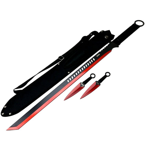 27" Red 2 Tone Blade Sword with 2 Throwing Knives and Sheath