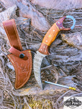  8.5" Damascus Steel Blade Hunting Knife Wood Handle With Leather Sheath
