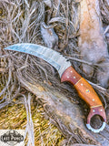 8.5" Damascus Steel Blade Hunting Knife Wood Handle With Leather Sheath