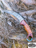  8.5" Damascus Steel Blade Hunting Knife Wood Handle With Leather Sheath