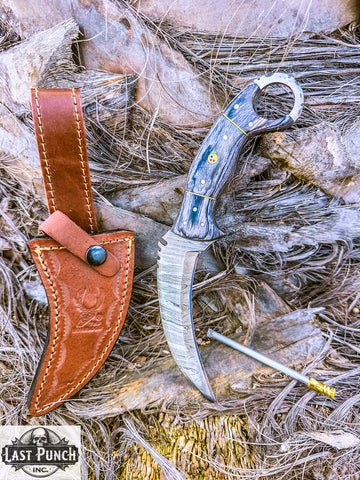  8.5" Fixed Blade Damascus Steel Blade Wood Handle  Hunting Knife w/ Leather Sheath 