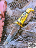  13" Damascus Hunting Knife Eagle Head Bone Handle Brass Bolster w/ Leather Sheath