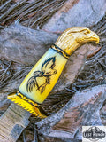  13" Damascus Hunting Knife Eagle Head Bone Handle Brass Bolster w/ Leather Sheath