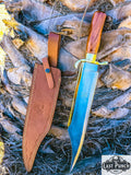  19" Handmade Hunting Bowie Knife w/ Brown Wood Handle & Brass Work + Sheath