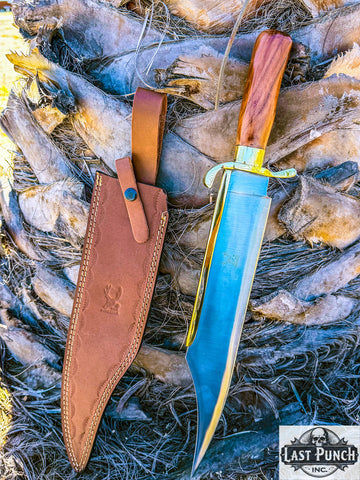  19" Handmade Hunting Bowie Knife w/ Brown Wood Handle & Brass Work + Sheath