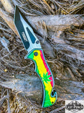 8" Spring Assisted Folding Knife Leaves Design Handle Two Tone Blade