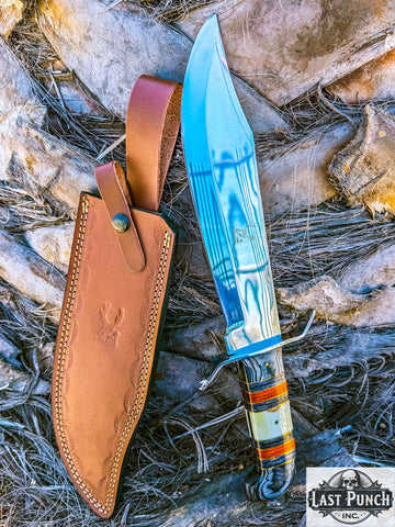  15" Full Tang Bowie Knife Red & Black Wood & Horn Handle with Brass Clip & Sheath
