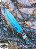  15" Full Tang Bowie Knife Red & Black Wood & Horn Handle with Brass Clip & Sheath