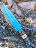  15" Full Tang Bowie Knife Red & Black Wood & Horn Handle with Brass Clip & Sheath