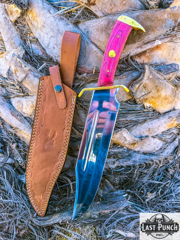  16.5" Full Tang Bowie Hunting Knife Red Wood Handle Brass Clip w/ Sheath