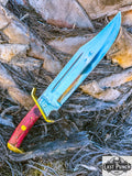  16.5" Full Tang Bowie Hunting Knife Red Wood Handle Brass Clip w/ Sheath