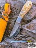  9" Damascus Hunting Knife Ram Handle Steel Bolster w/ Leather Sheath