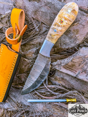  9" Damascus Hunting Knife Ram Handle Steel Bolster w/ Leather Sheath