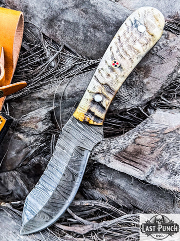  9" Damascus Steel Skinner Hunting Knife Ram Horn Handle w/ Leather Sheath 