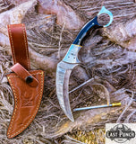  9.5" Black Resin Handle Damascus Steel Blade Hunting Knife w/ Leather Sheath