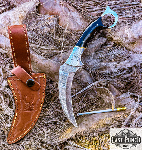  9.5" Black Resin Handle Damascus Steel Blade Hunting Knife w/ Leather Sheath