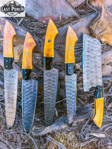  5 Pcs Damascus Forge Blade Chef Knife Set Premium Wood & Resin Handle Kitchen Knives