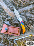  6.5" Damascus Steel Folding Knife Multi Wood Handle Pocket Knife With Pouch