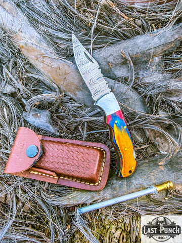  6.5" Damascus Steel Folding Knife Multi Wood Handle Pocket Knife With Pouch