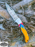  6.5" Damascus Steel Folding Knife Multi Wood Handle Pocket Knife With Pouch