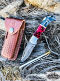  6.5" Damascus Folding Knife Black & Red Wood Handle With Pouch