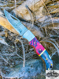  6.5" Damascus Folding Knife Black & Red Wood Handle With Pouch