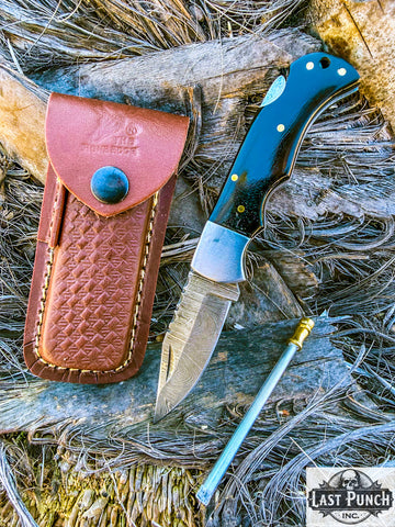  6.5" Damascus Steel Folding Knife Black Resin Handle Steel Bolster & Carry Pouch