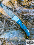  6.5" Damascus Steel Folding Knife Black Resin Handle Steel Bolster & Carry Pouch