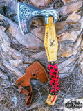  17.5" Hunting Axe Steel Blade Red & Black Leather Wrapped Handle w/ Sheath