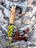  17.5" Hunting Axe Steel Blade Yellow & Black Leather Wrapped Handle w/ Sheath
