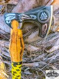  17.5" Hunting Axe Steel Blade Yellow & Black Leather Wrapped Handle w/ Sheath