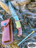  6.5" Damascus Steel Folding Knife Bone & Wood Handle Steel Bolster with Carry Pouch