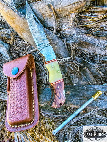 6.5" Damascus Steel Folding Knife Bone & Wood Handle Steel Bolster with Carry Pouch