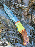  6.5" Damascus Steel Folding Knife Bone & Wood Handle Steel Bolster with Carry Pouch